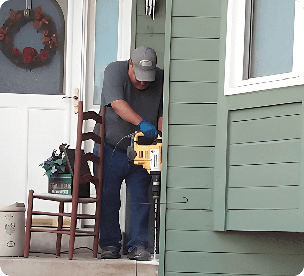 Man using power tool on house exterior.
